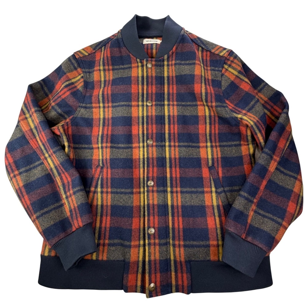 Taylor Stitch Navy Plaid Wool Bomber Jacket Heritage Men's 42 Large Wool Large